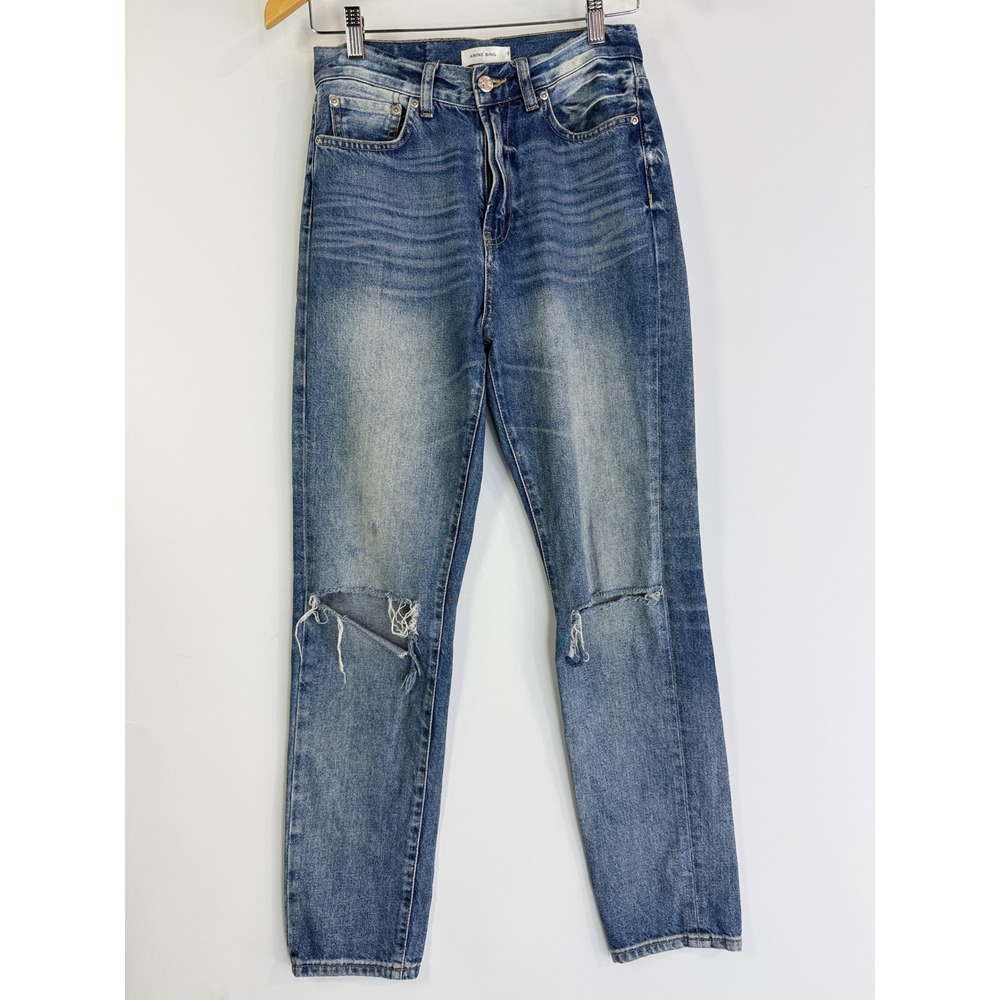 Anine Bing Jeans Women 26 Blue Distressed Ripped Knee High Rise Straight Leg